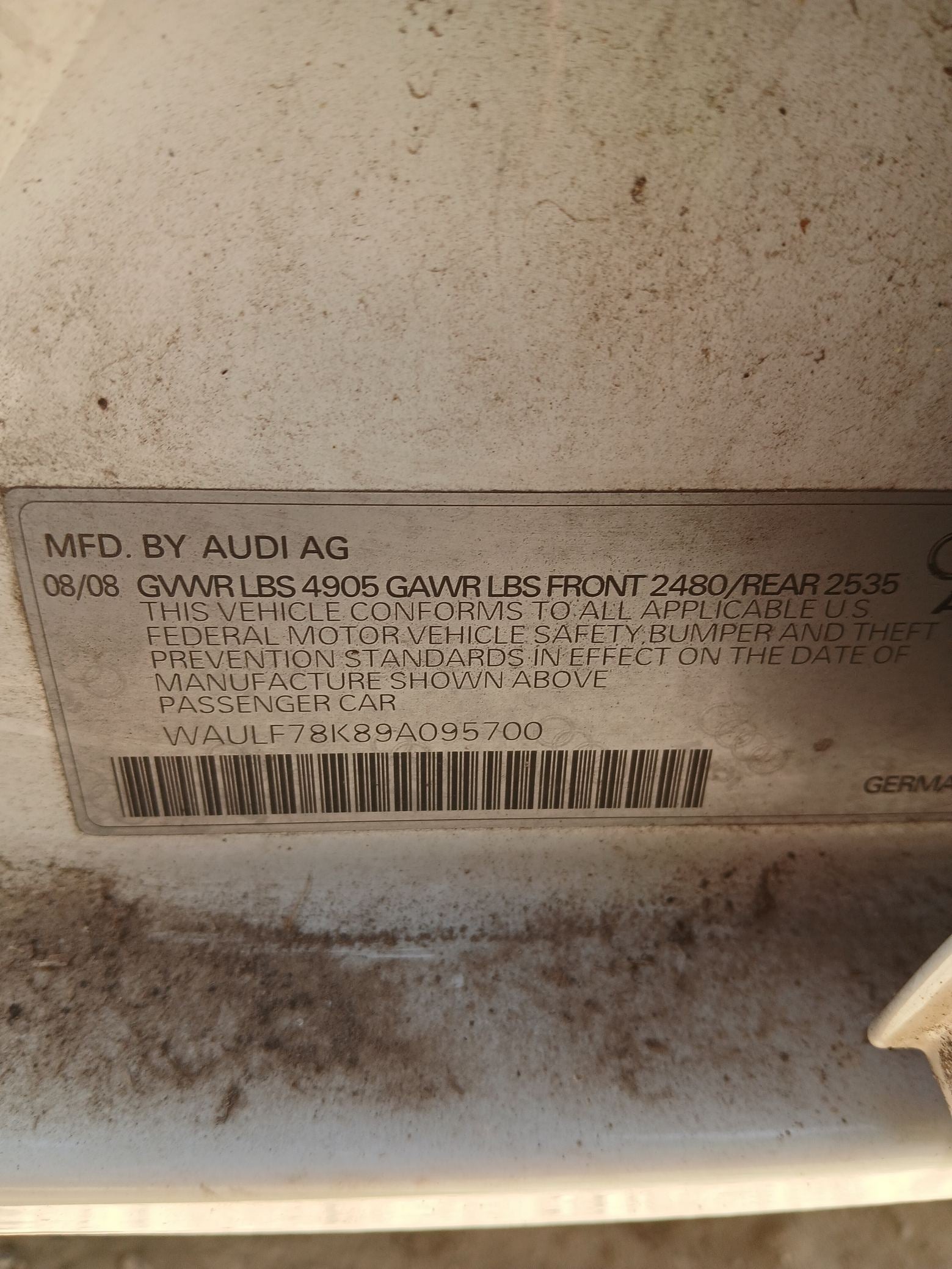Seat Front Passenger Side 2009 - 2016 Audi A4