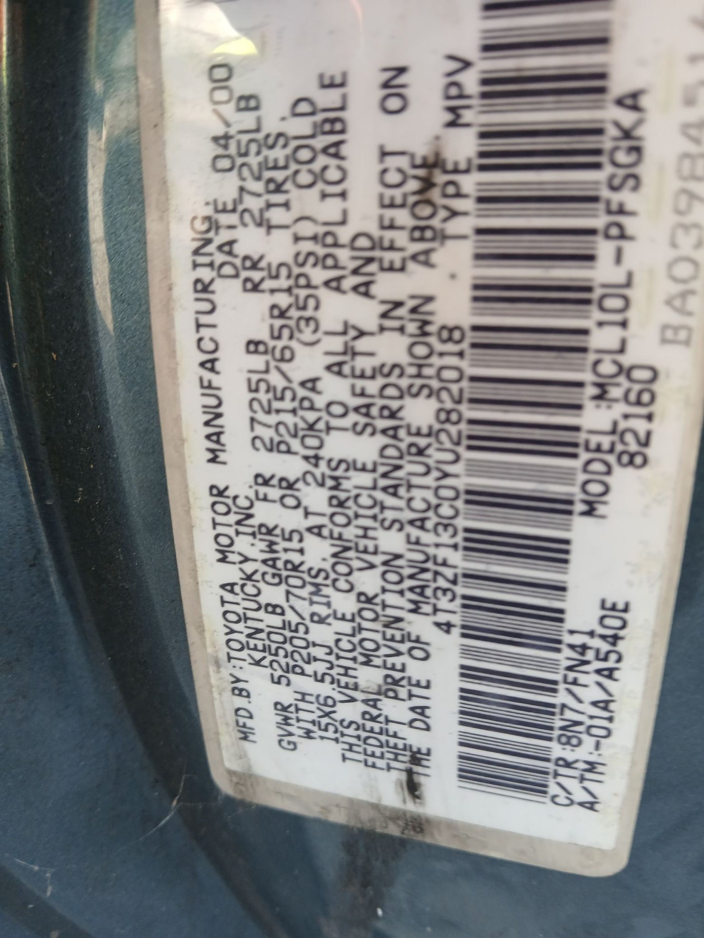 C-Pillar Trim Panel Driver Side 1998 - 2003 Toyota Sienna
