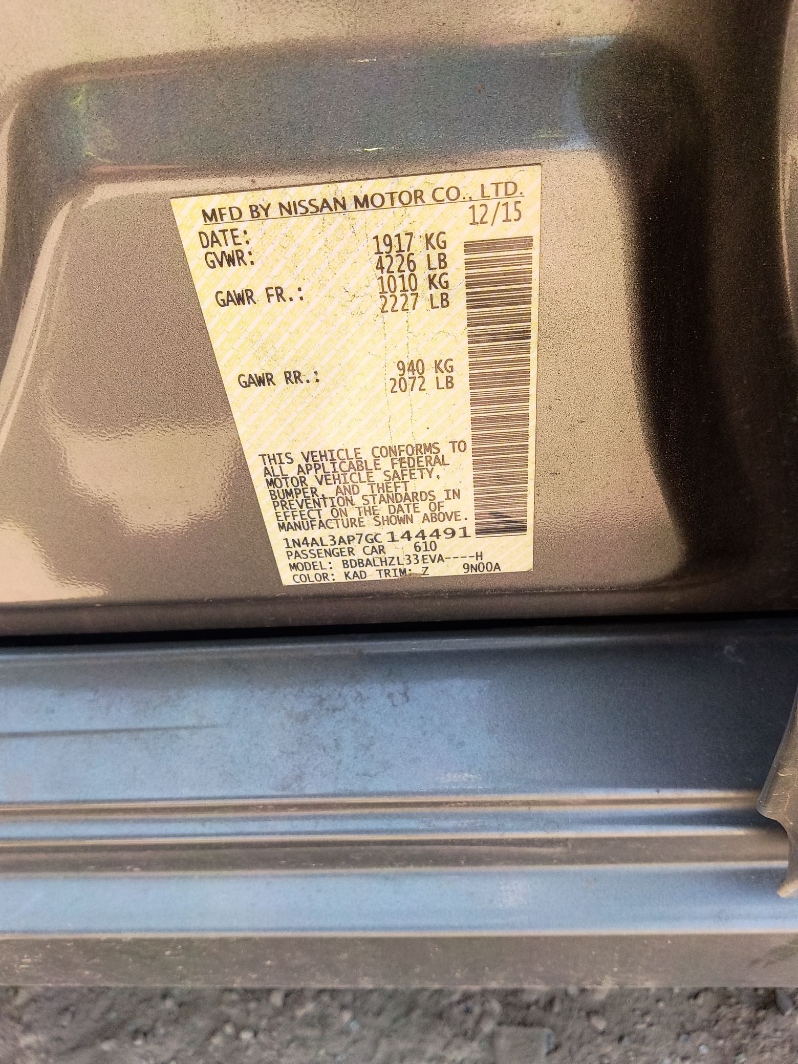 Front Seat Assembly Driver Side 2013 - 2018 Nissan Altima